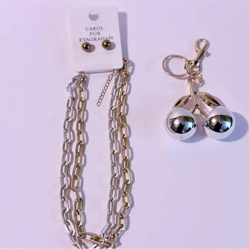 Carol for Evagraham Silver and Gold Necklace Set & Cherry Keychain